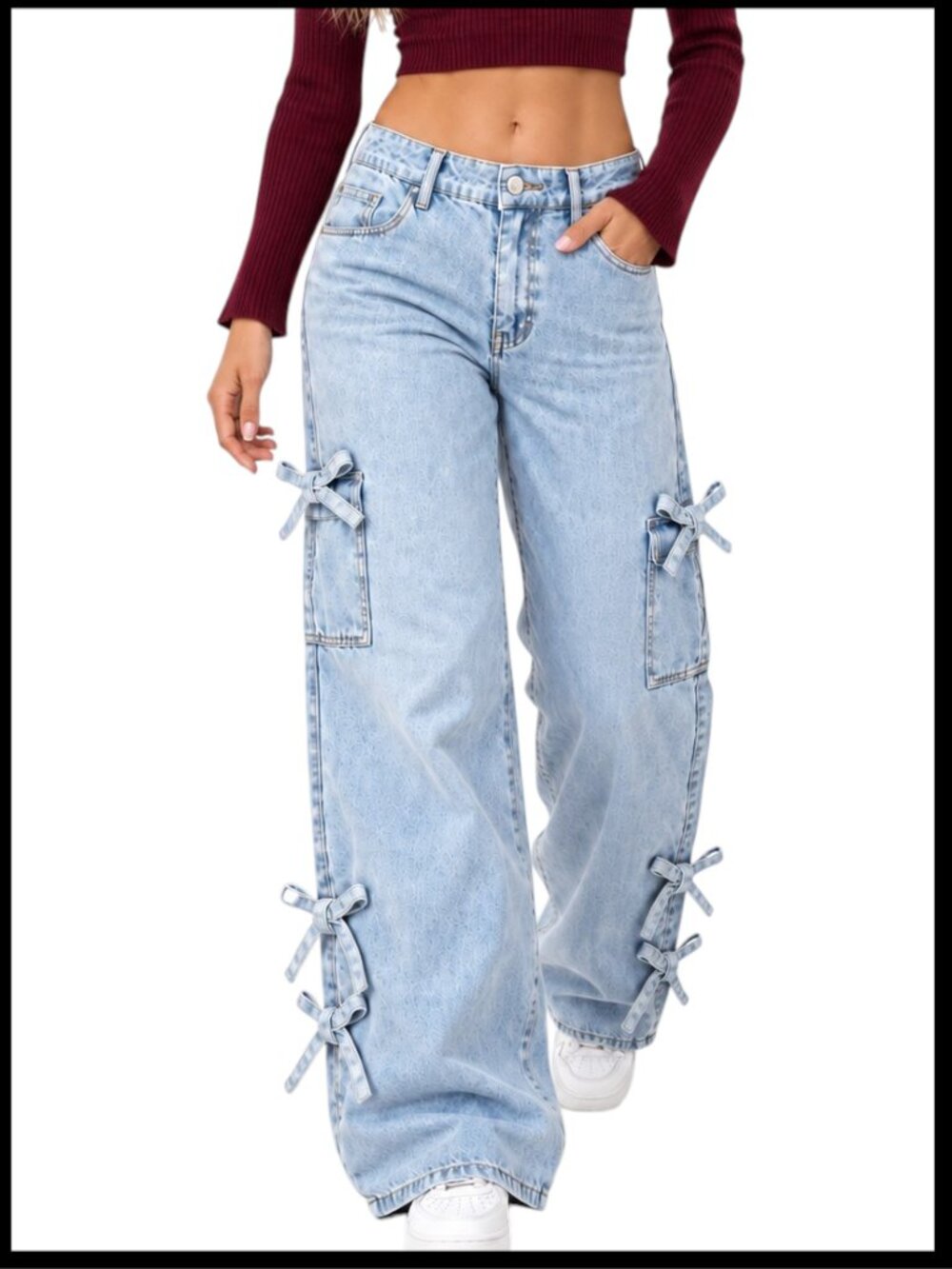 Edikted Bows 4 Days Jeans Light Wash Low Rise Baggy XS